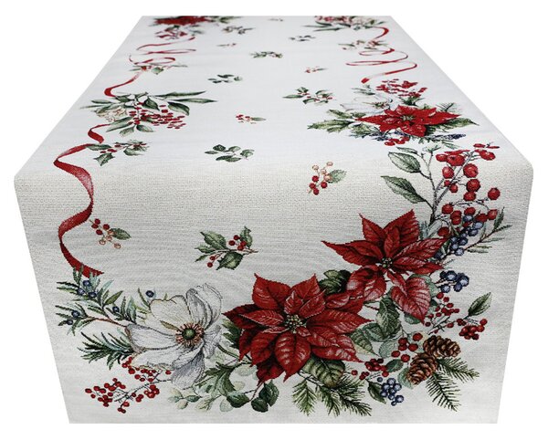 Vianočný gobelínový behúň nas stôl s lurexom Vianočné kvety a vetvičky Farba Viacfarebná Rozmery 45x140 cm