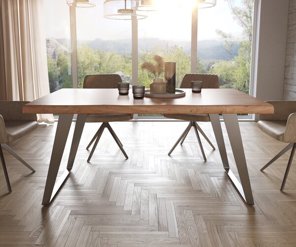 DELIFE Jedálenský stôl Edge 160x90 XL akácia prírodná nerezová oceľ šikmý Live-Edge