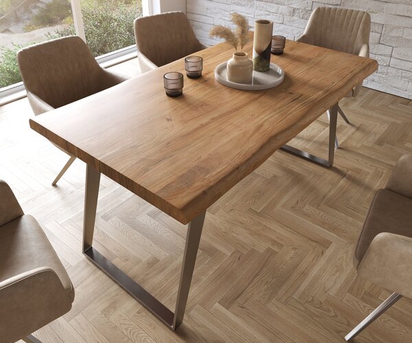 DELIFE Jedálenský stôl Edge 160x90 XL akácia prírodná nerezová oceľ šikmý Live-Edge