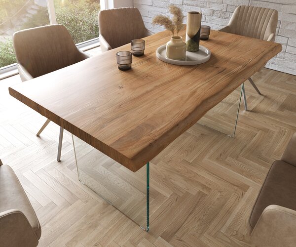 DELIFE Jedálenský stôl Edge 160x90 XL akácia prírodná sklo Live-Edge