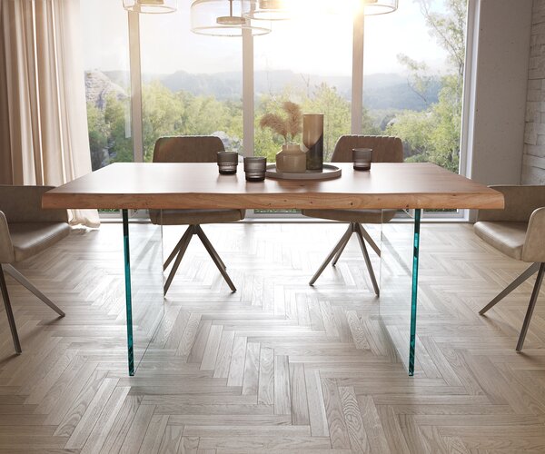 DELIFE Jedálenský stôl Edge 160x90 XL akácia prírodná sklo Live-Edge