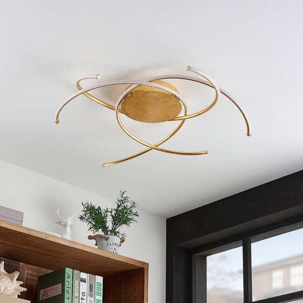 Lindby LED stropné svietidlo Yareli, zlatá farba, kov, Ø 70 cm, Mosadz / zlato, Obývacia izba / jedáleň, kov, Moderný, Závesné svetlo
