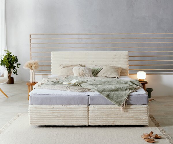 DELIFE Boxspring posteľ Dream-Well plyšový manšester béžová 180×200 cm bonellový matrac topper