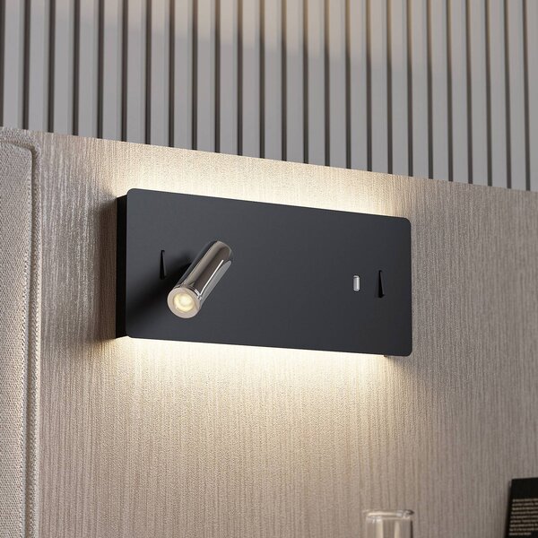 Lucande Nástenné svietidlo LED Kimo, 32 cm, čierne, hliník, USB, Čierna, Obývacia izba / jedáleň, kov, Moderný, Svetlo na čítanie