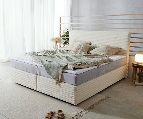 DELIFE Boxspring posteľ Dream-Well plyšový manšester béžová 180×200 cm vrecková pružinová matrac topper