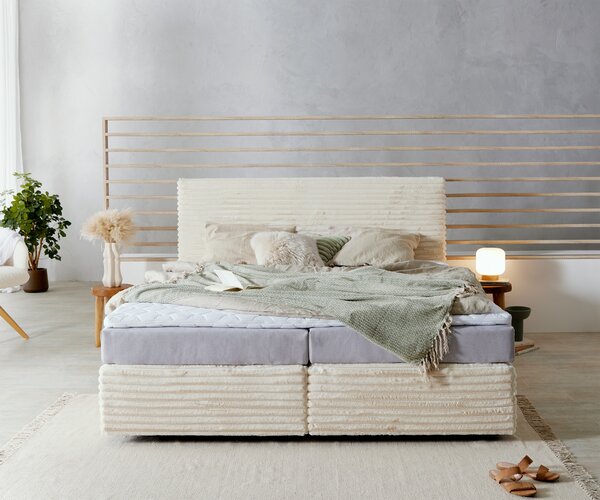 DELIFE Boxspring posteľ Dream-Well plyšový manšester béžová 180×200 cm vrecková pružinová matrac topper