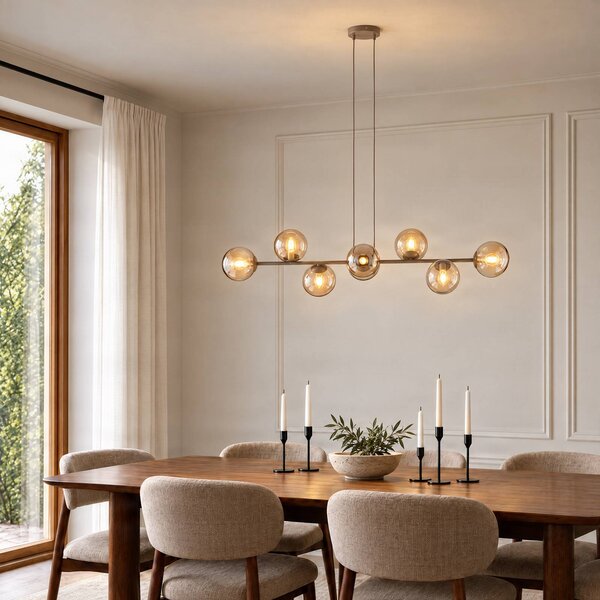 EMIBIG LIGHTING Závesné svietidlo Rossi, béžové, dĺžka 130 cm, 8-pl., sklo/kov, Krémová / jantárovo žltá, Obývacia izba / jedáleň, Sklo, Moderný, Závesné svietidlo