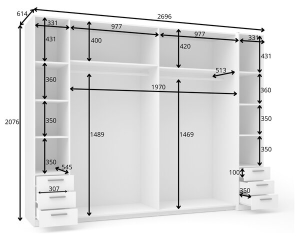 Veľká šatníková skriňa 270 cm so šuplíkmi GIRADOT - biela / strieborné úchyty