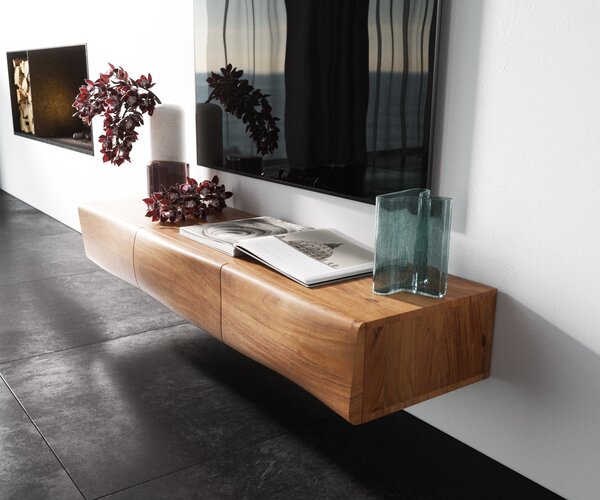 DELIFE TV stolík New Live-Edge 145 cm akácia prírodná 3 dvierka závesný