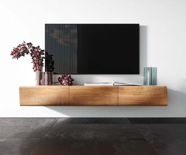 DELIFE TV stolík New Live-Edge 145 cm akácia prírodná 3 dvierka závesný