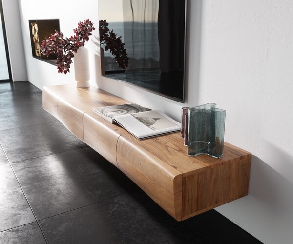 DELIFE TV stolík New Live-Edge 200 cm akácia prírodná 4 dvierka závesný