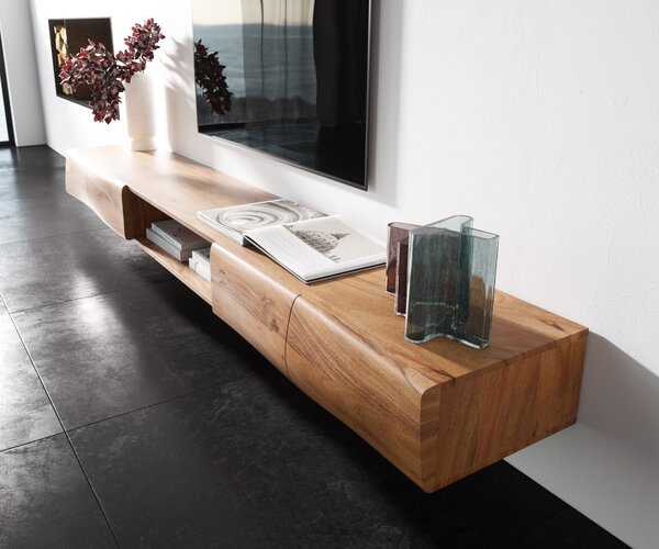 DELIFE TV stolík New Live-Edge 240 cm akácia prírodná 4 dvierka 1 priehradka závesný