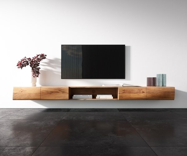 DELIFE TV stolík New Live-Edge 240 cm akácia prírodná 4 dvierka 1 priehradka závesný