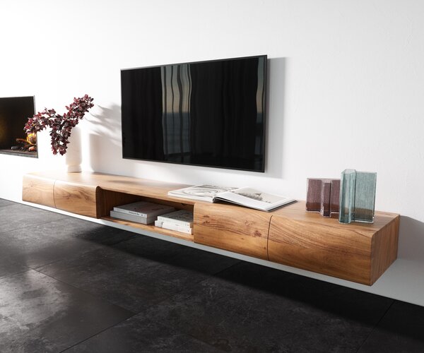 DELIFE TV stolík New Live-Edge 240 cm akácia prírodná 4 dvierka 1 priehradka závesný
