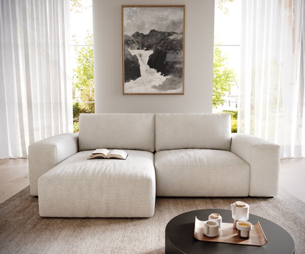 DELIFE Rohová pohovka Lanzo L 260x160 cm bouclé bielo-krémová ležadlo variabilné