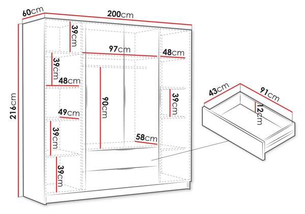 Veľká šatníková skriňa 200 cm BETILA - biela / zlatá
