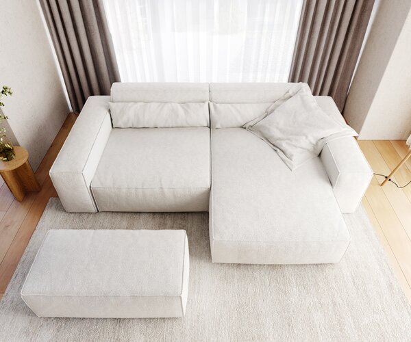 DELIFE Rohová pohovka Sirpio XL 270x170 cm bouclé bielo-krémová ležadlo variabilné s taburetom