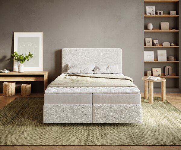 DELIFE Boxspring posteľ Dream-Well 140×200 cm bouclé krémovo biela s matracom a topperom