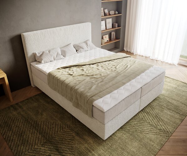 DELIFE Boxspring posteľ Dream-Well 160×200 cm bouclé krémovo biela s vreckovou pružinovou matracou a visco topperom