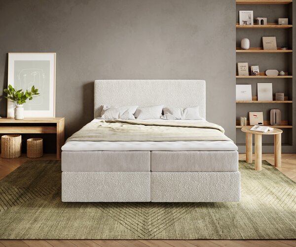 DELIFE Boxspring posteľ Dream-Well 160×200 cm bouclé krémovo biela s vreckovou pružinovou matracou a visco topperom