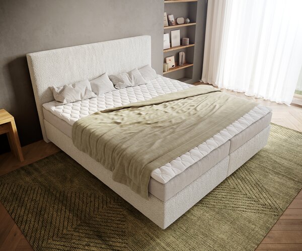 DELIFE Boxspring posteľ Dream-Well 180×200 cm bouclé krémovo biela s matracom a topperom