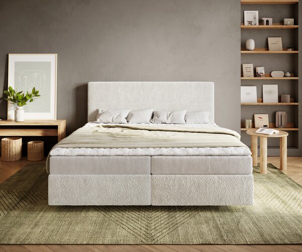 DELIFE Boxspring posteľ Dream-Well 180×200 cm bouclé krémovo biela s matracom a topperom