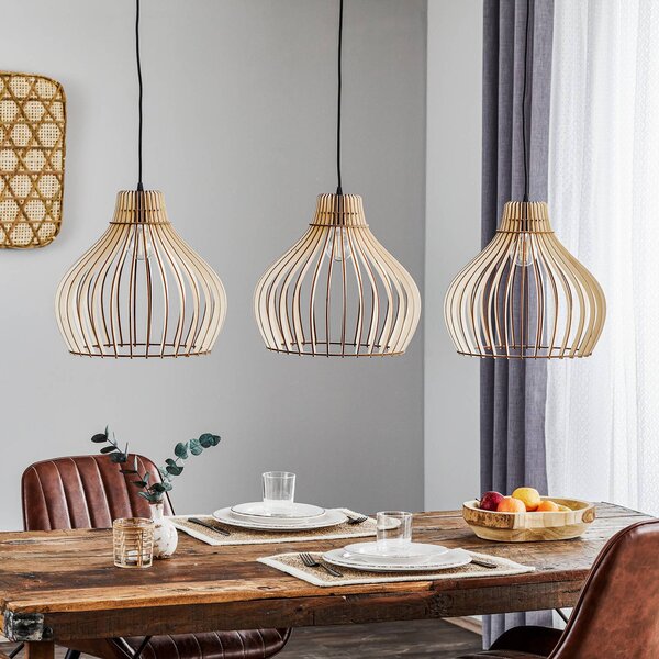 TEMAR LIGHTING Závesné svietidlo Barrel s drevenými tienidlami, 3-pl. dlhé, Svetlé drevo, Obývacia izba / jedáleň, Drevo, Vidiecky / Rustikálny, Závesné svietidlo