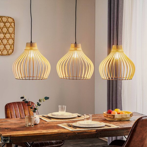 TEMAR LIGHTING Závesné svietidlo Barrel s drevenými tienidlami, 3-pl. dlhé, Svetlé drevo, Obývacia izba / jedáleň, Drevo, Vidiecky / Rustikálny, Závesné svietidlo