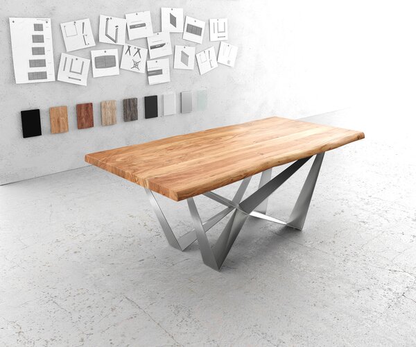 DELIFE Jedálenský stôl Edge 200x100 XL akácia prírodná Spider plochá oceľ nerezová oceľ Live-Edge