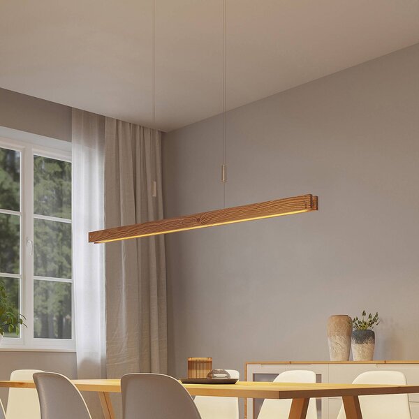 Lindby Alimara LED závesné svietidlo z dreva, drevo, dĺžka 138 cm, Svetlé drevo, Obývacia izba / jedáleň, kov, Moderný, Závesné svietidlo
