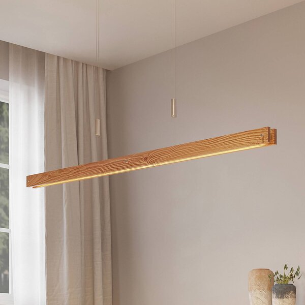 Lindby Alimara LED závesné svietidlo z dreva, drevo, dĺžka 138 cm, Svetlé drevo, Obývacia izba / jedáleň, kov, Moderný, Závesné svietidlo