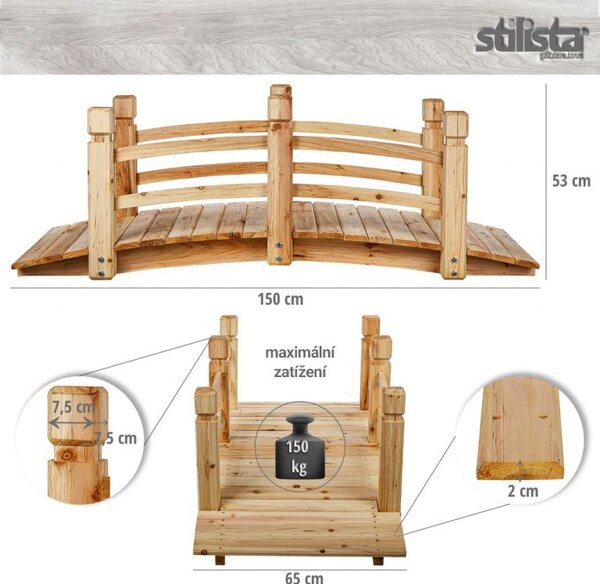 Záhradný drevený mostík XXL, 150 x 67 x 55 cm,nosnosť 150 kg