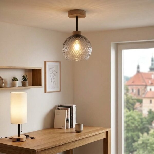 BRILAGI - LED Prisadený luster R GLASS 1xE27/60W/230V priemer 18 cm dub/dymová sivá