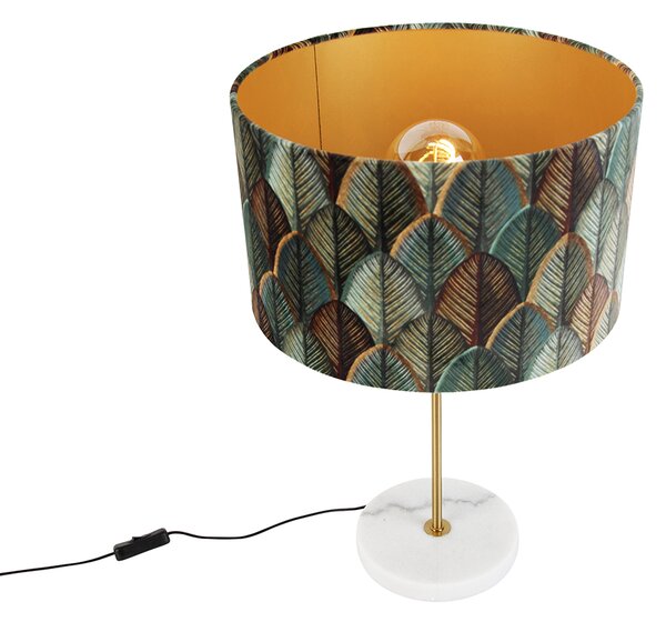 Mosadzná stolová lampa s velúrovým tienidlom s dizajnom listov a zlatým vnútorným priestorom - Kaso