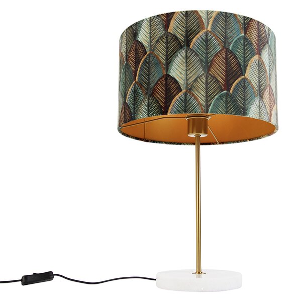 Mosadzná stolová lampa s velúrovým tienidlom s dizajnom listov a zlatým vnútorným priestorom - Kaso