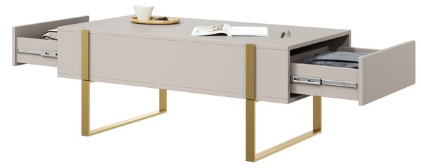 Konferenčný stolík Verica 120 cm so zásuvkami a kovovými nožičkami - kašmír / zlaté nožičky - Limitovaná ponuka