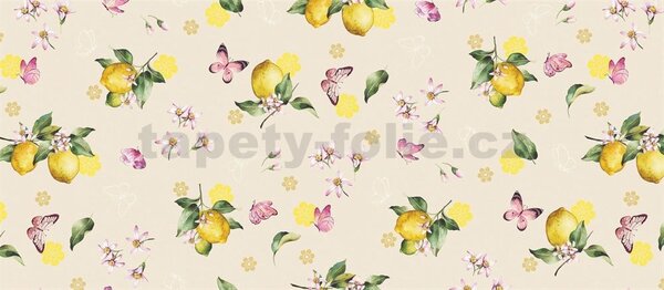 Obrus PVC 3581542, metráž, 20 m x 140 cm, vetvičky s citrónmi na hnedom podklade, IMPOL TRADE