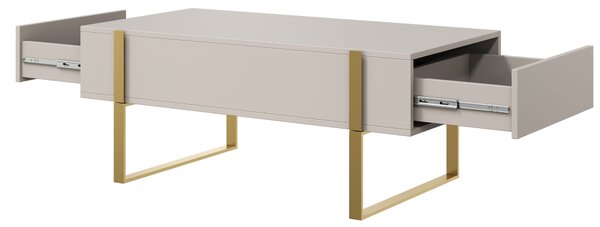 Konferenčný stolík Verica 120 cm so zásuvkami a kovovými nožičkami - kašmír / zlaté nožičky - Limitovaná ponuka