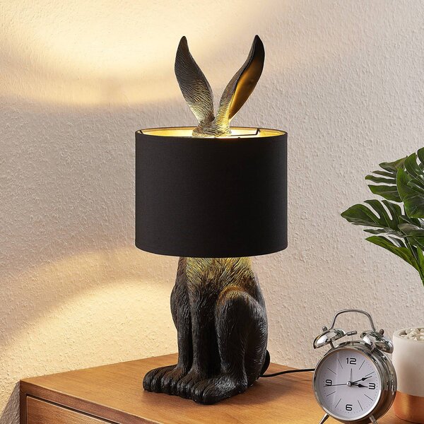 Stolná lampa Lindby Lorentina, 56 cm, králik, čierna, textil, Čierna, Obývacia izba / jedáleň, Textil / látka / hodváb, Dizajn, Stojacie svietidlo