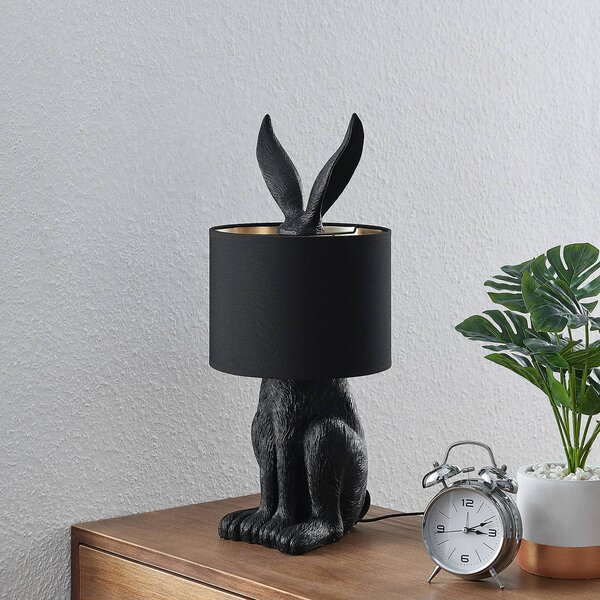Stolná lampa Lindby Lorentina, 56 cm, králik, čierna, textil, Čierna, Obývacia izba / jedáleň, Textil / látka / hodváb, Dizajn, Stojacie svietidlo