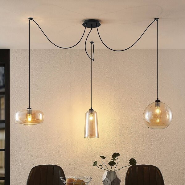Lucande Zyli závesná lampa, 3-plameňová, jantár, Krémová / jantárovo žltá, Obývacia izba / jedáleň, Sklo, Vintage, Závesné svietidlo