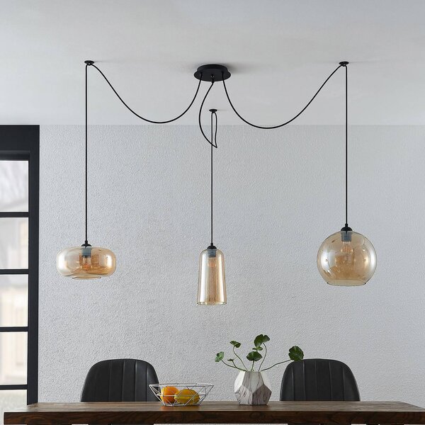 Lucande Zyli závesná lampa, 3-plameňová, jantár, Krémová / jantárovo žltá, Obývacia izba / jedáleň, Sklo, Vintage, Závesné svietidlo