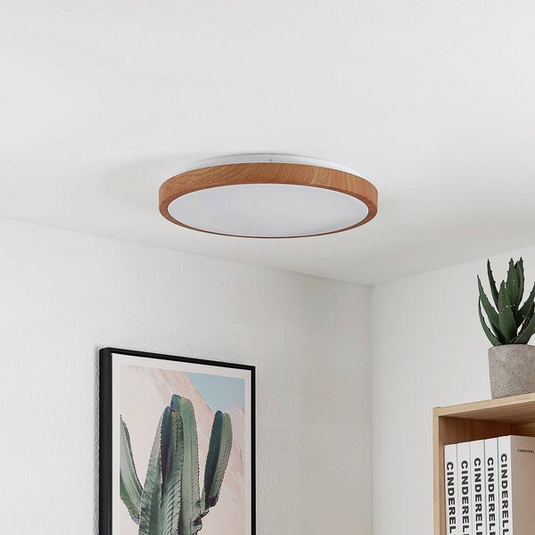 Lindby stropné LED svetlo Mynte, Ø42cm, drevený vzhľad, plast, Svetlé drevo, Obývacia izba / jedáleň, Plast, Moderný, Závesné svietidlo