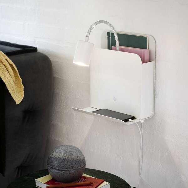 Nástenné svetlo Roomi odkladací priestor USB biela, Biela / opálová, Spálňa, kov, Moderný, Nástenné svietidlo