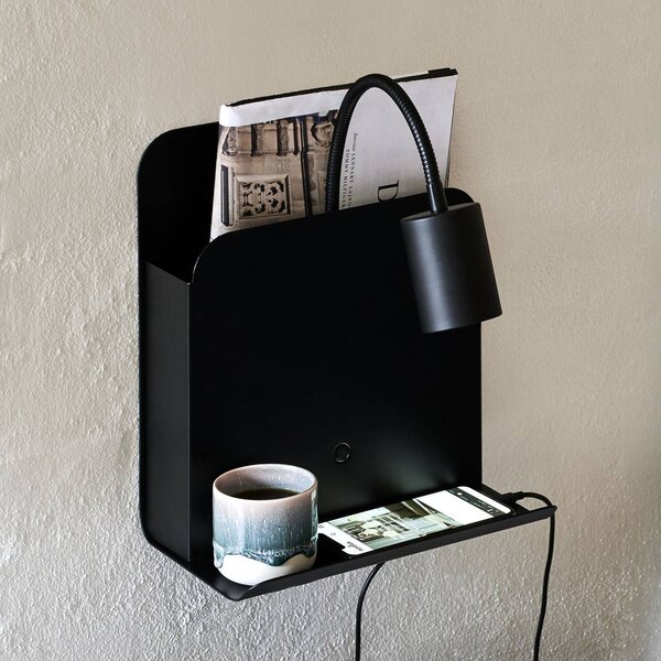 Nástenné svetlo Roomi odklad. priestor USB čierna, Čierna, Spálňa, kov, Moderný, Nástenné svietidlo
