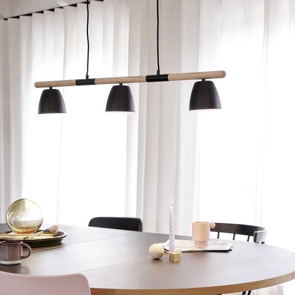 Nordlux Závesná lampa Theo, 3-plameňová, jaseňové drevo, Čierna, Obývacia izba / jedáleň, kov, Moderný, Závesné svietidlo