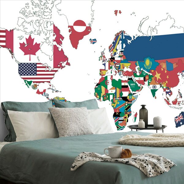 Tapeta mapa sveta s vlajkami s bielym pozadím