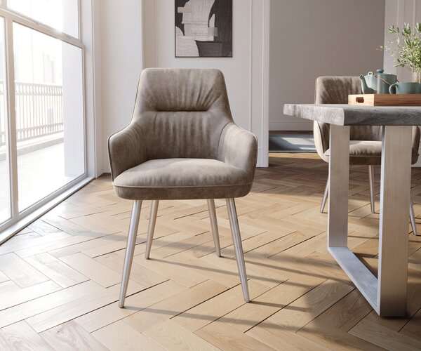 DELIFE Jedálenská stolička Zelia-Flex s opierkami mikrovlákno taupe vintage 4-nohá zúžená nerezová oceľ vrecková pružina