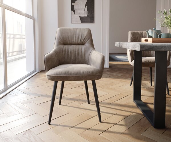 DELIFE Jedálenská stolička Zelia-Flex s opierkami mikrovlákno taupe vintage 4-nohá zúžená čierna vrecková pružina