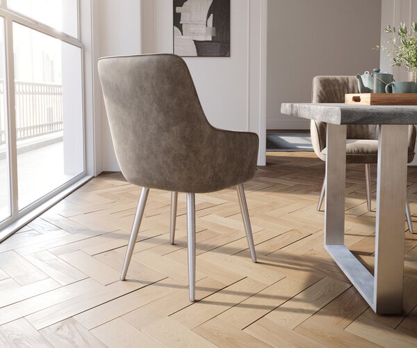 DELIFE Jedálenská stolička Zelia-Flex s opierkami mikrovlákno taupe vintage 4-nohá zúžená nerezová oceľ vrecková pružina